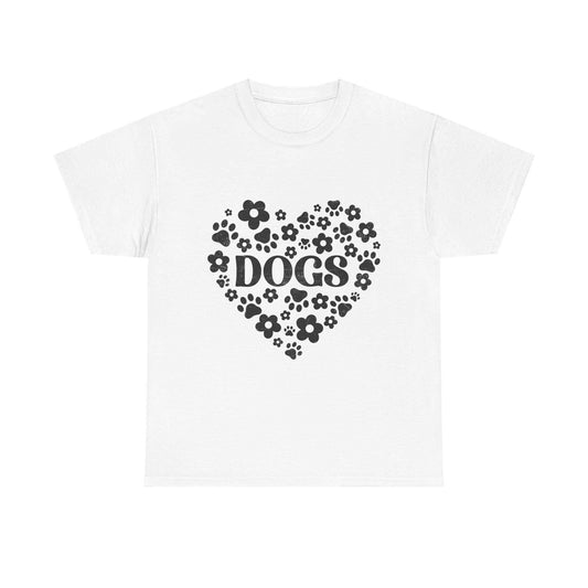 Unisex heavy cotton tee with heart-shaped floral "DOGS" design, classic fit, medium fabric, 100% ethically grown US cotton.