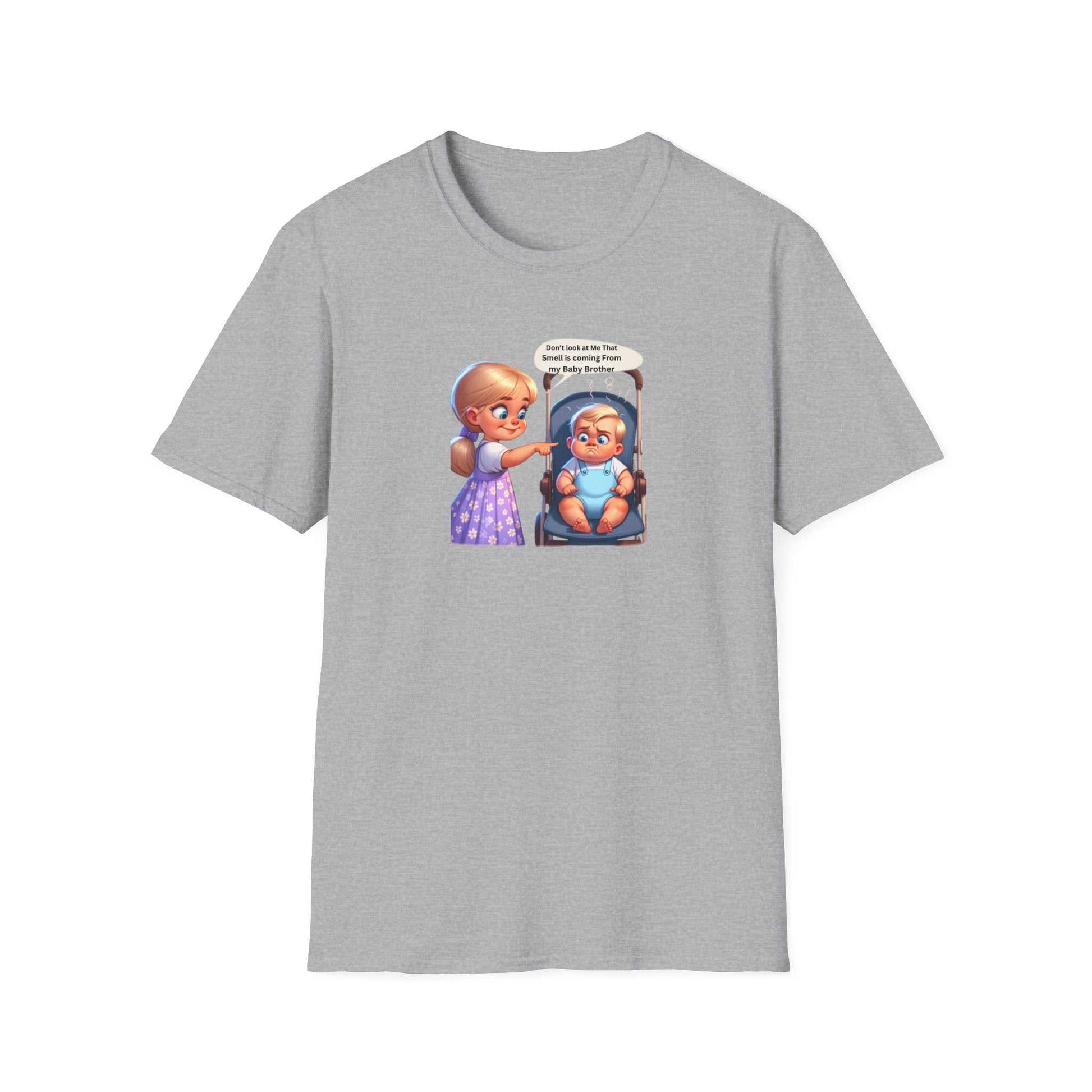 Unisex Softstyle T-Shirt, grey with cartoon print, short sleeves, crew neck.