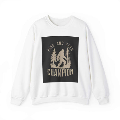 Unisex Heavy Blend™ Crewneck Sweatshirt with "Hide and Seek Champion" print, featuring a comfortable polyester-cotton blend for a soft feel and durable design.