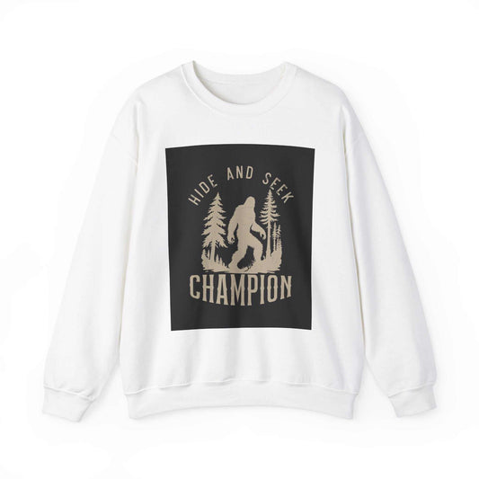 Unisex Heavy Blend™ Crewneck Sweatshirt with "Hide and Seek Champion" print, featuring a comfortable polyester-cotton blend for a soft feel and durable design.