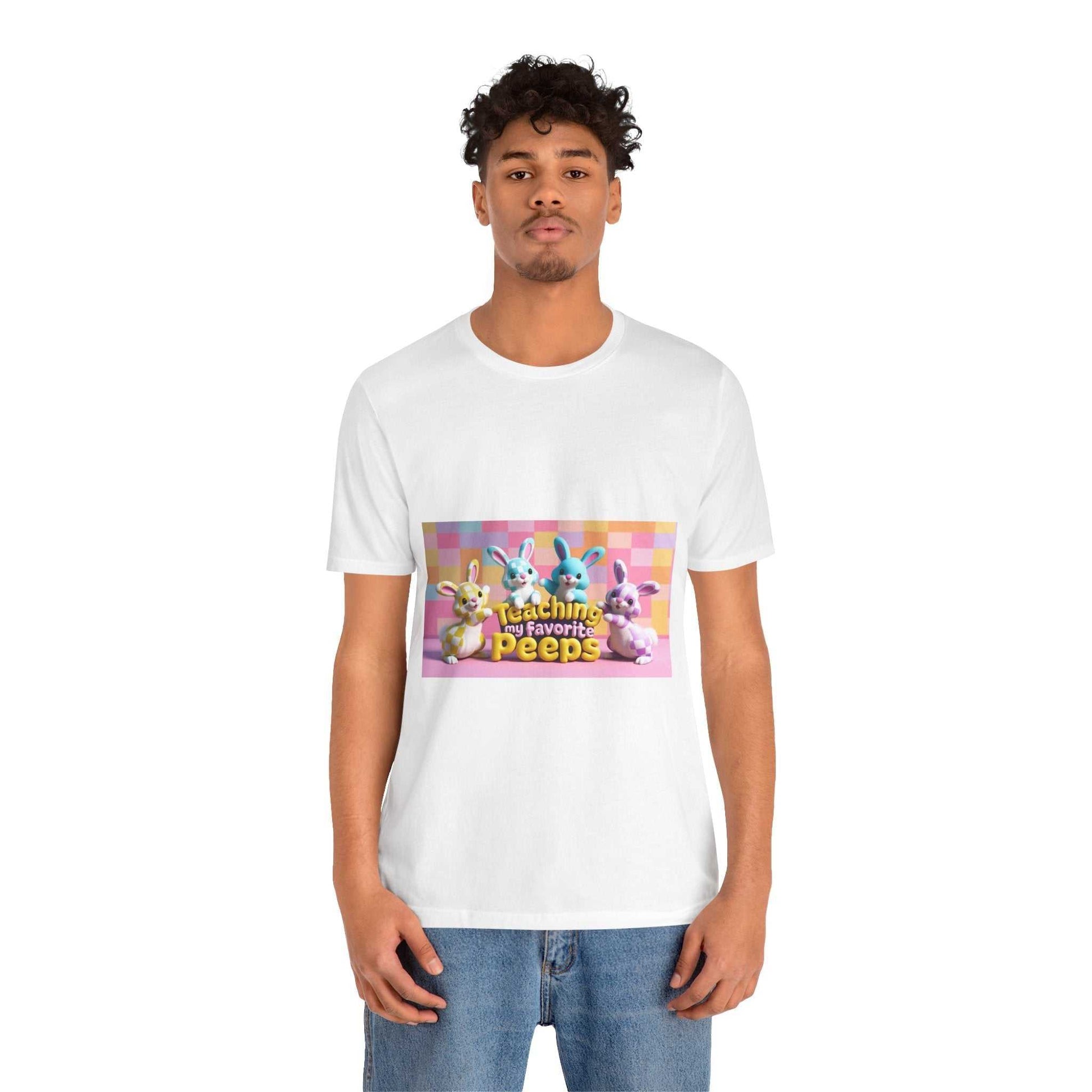 Unisex Jersey Short Sleeve Tee with rabbit graphic design worn by model.