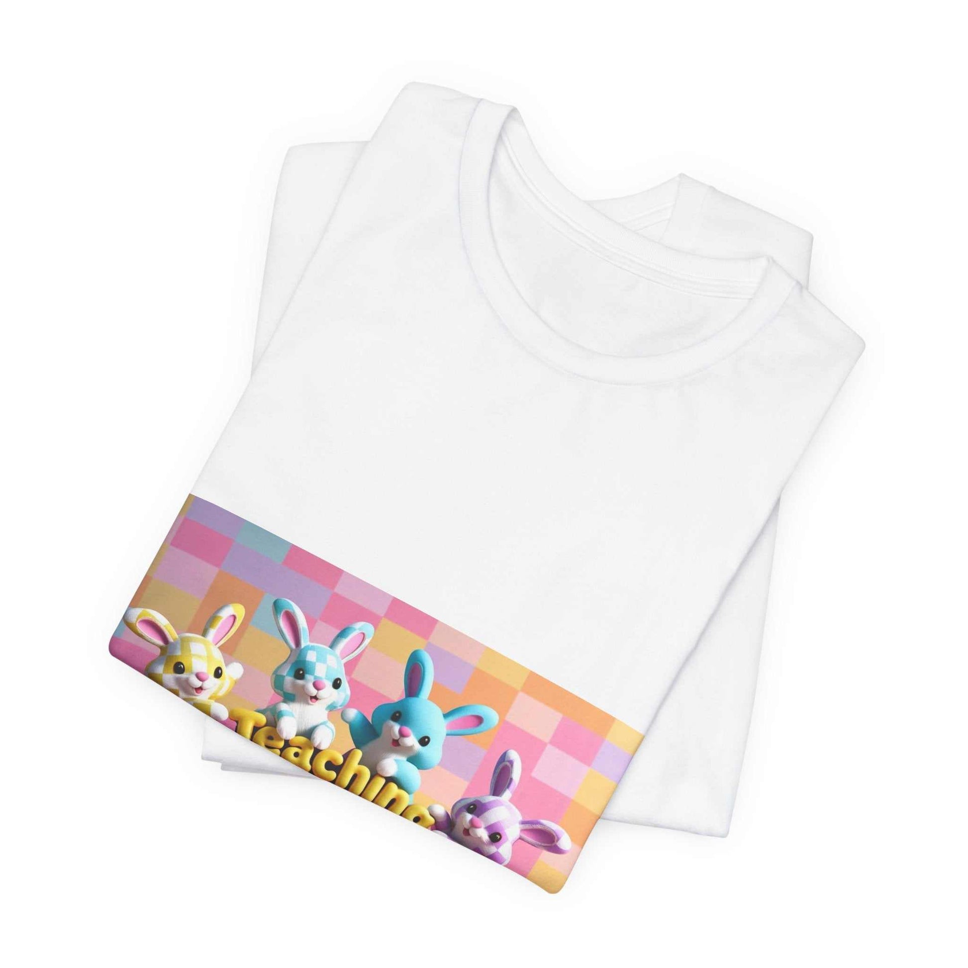 Unisex jersey short sleeve tee with printed bunnies on folded display.