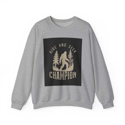 Unisex Heavy Blend™ Crewneck Sweatshirt with "Hide and Seek Champion" graphic, made from cozy cotton-polyester blend.