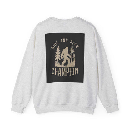 Unisex Heavy Blend™ Crewneck Sweatshirt with "Hide and Seek Champion" design on back, cozy polyester-cotton blend.