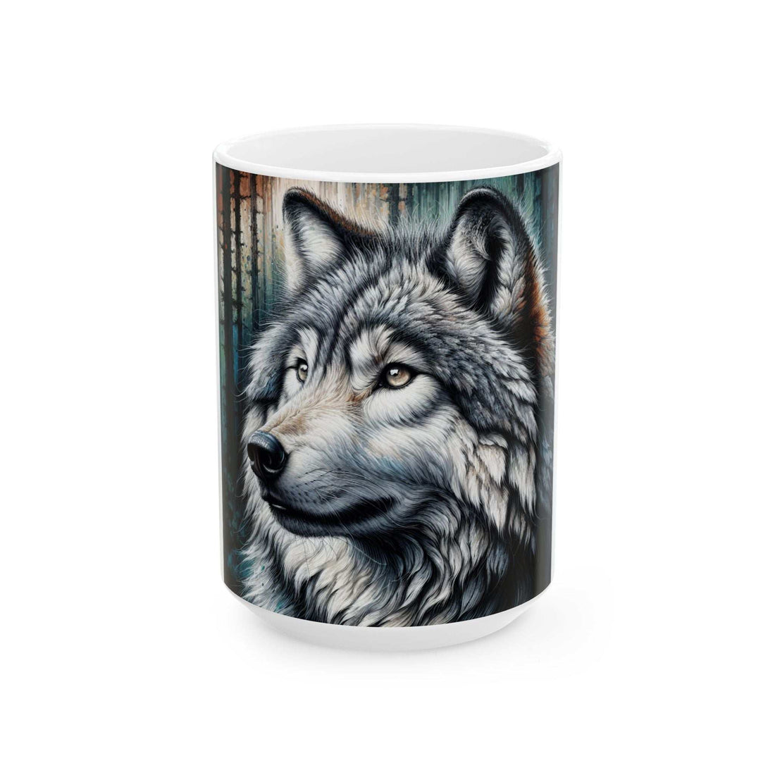 Majestic Wolf Ceramic Mug with vibrant wolf design, 11oz and 15oz sizes.
