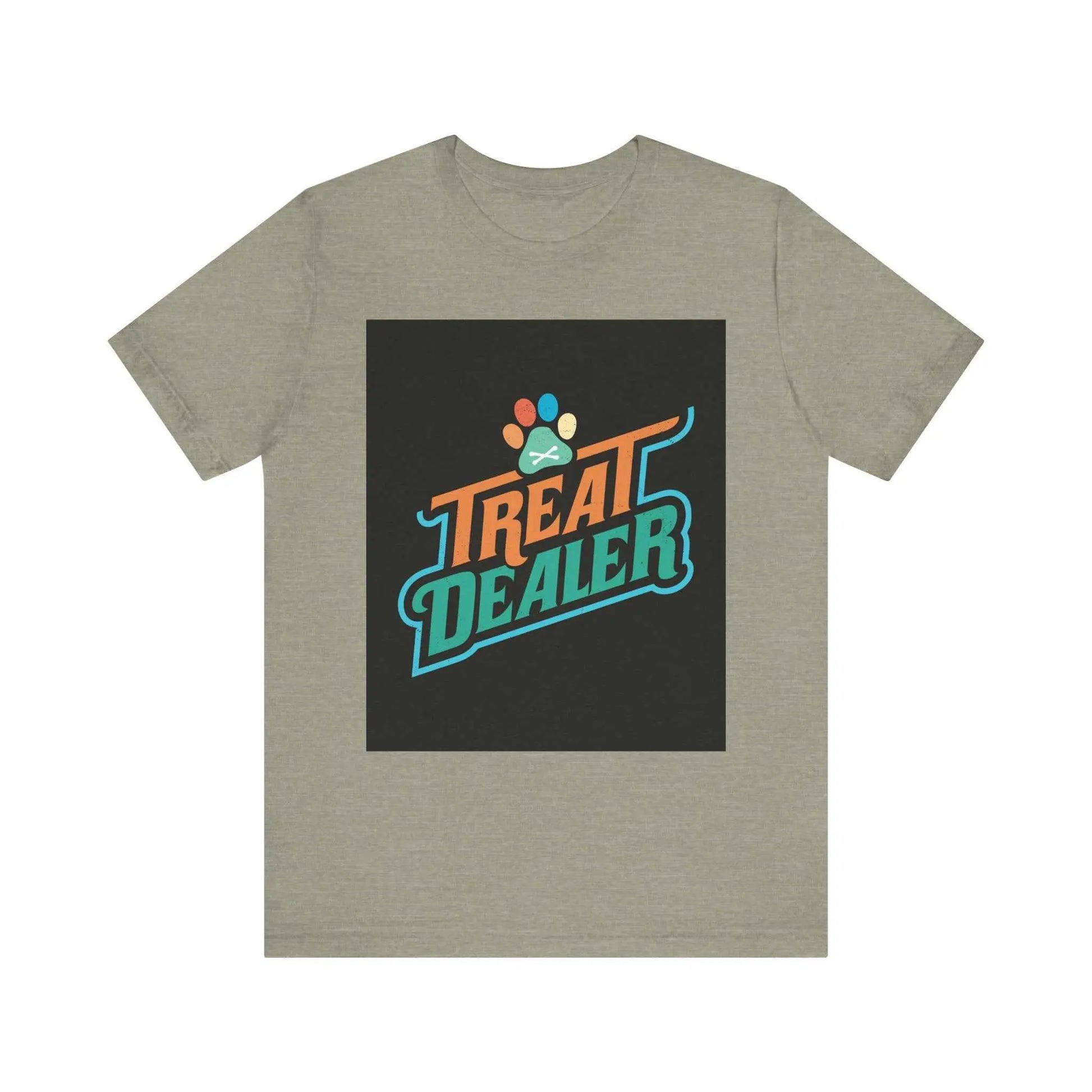 Unisex jersey short sleeve tee with "Treat Dealer" print, soft cotton, ribbed knit collar, casual fit.