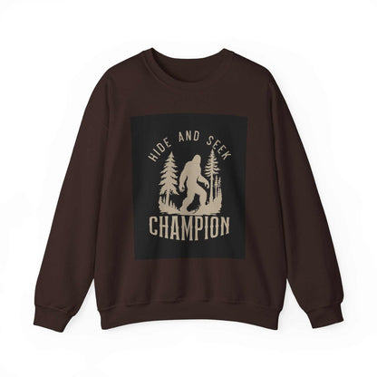 Unisex Heavy Blend™ Crewneck Sweatshirt with "Hide and Seek Champion" design, ribbed knit collar, made from 50% cotton and 50% polyester.