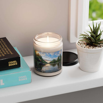 Scented soy candle 9 oz in a glass jar with custom label, beside a plant and books.