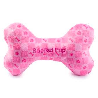 Pink Checker Chewy Vuiton Bone toy for dogs with plush texture.