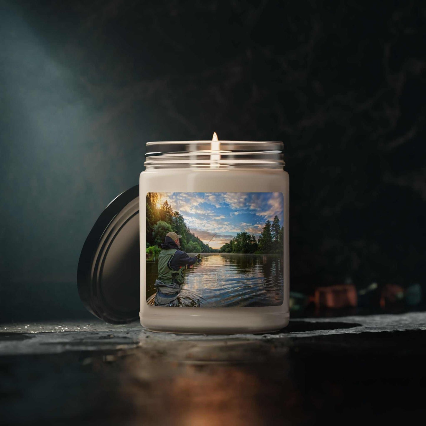 Scented soy candle 9 oz in glass jar with scenic label and cotton wick.