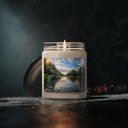 Scented soy candle 9 oz in glass jar with scenic label and cotton wick.