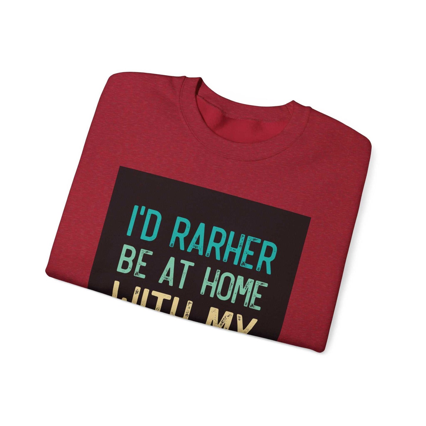 Unisex Heavy Blend™ Crewneck Sweatshirt, folded, red color with printed text design.