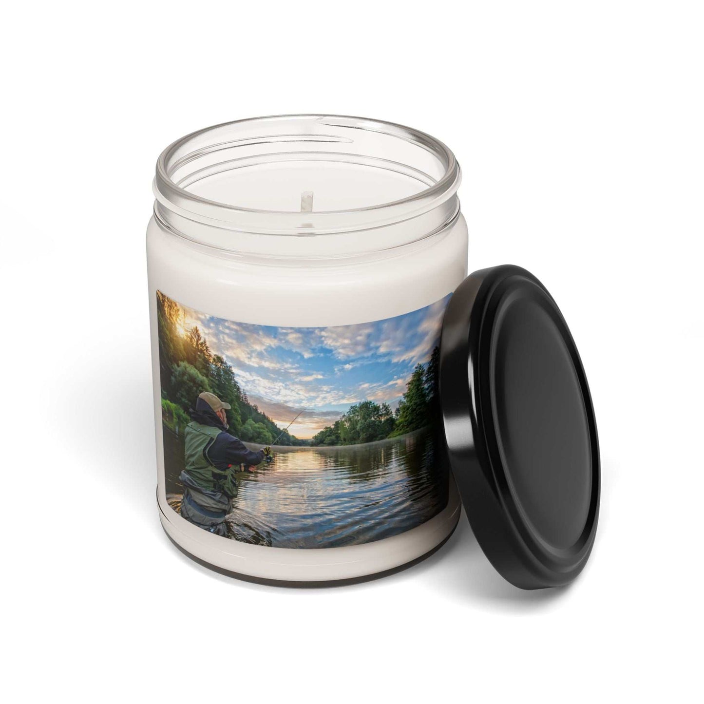 Scented soy candle 9 oz in glass jar with custom label design.