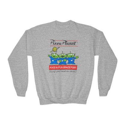 Pizza Planet Youth Crewneck Sweatshirt | Fun & Playful Gift for Kids, Space Theme Apparel, Ideal for Birthdays, Halloween, Everyday Wear