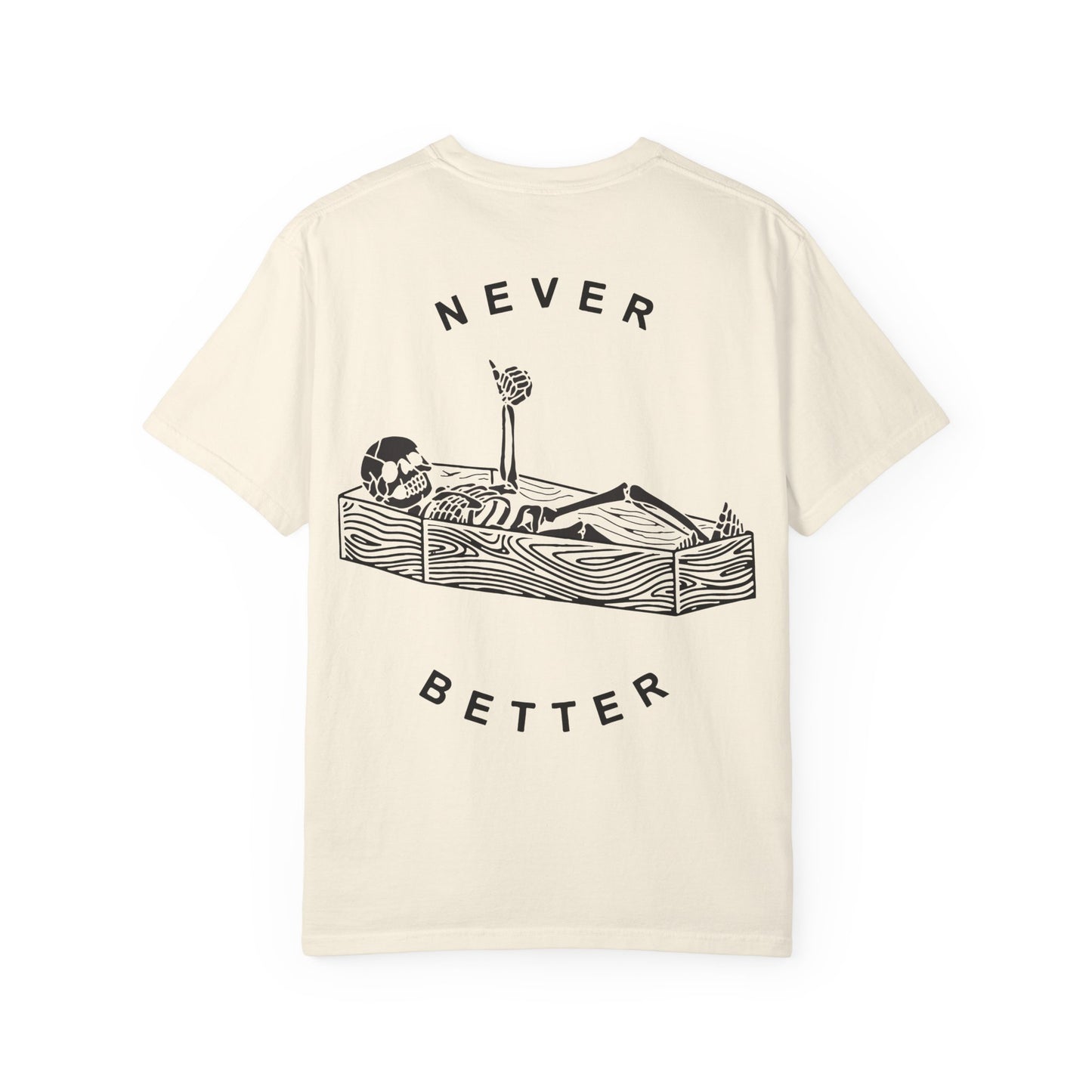 Halloween t-shirts never better skeleton giving a thumbs up in a casket