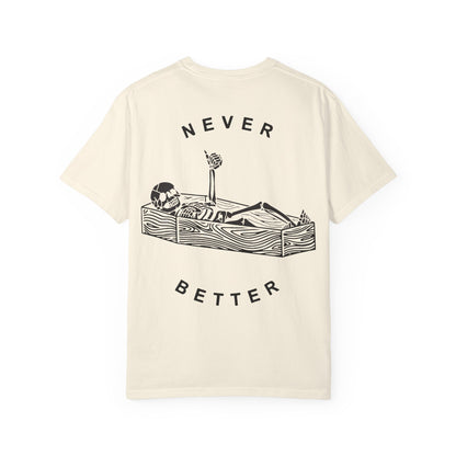 Halloween t-shirts never better skeleton giving a thumbs up in a casket