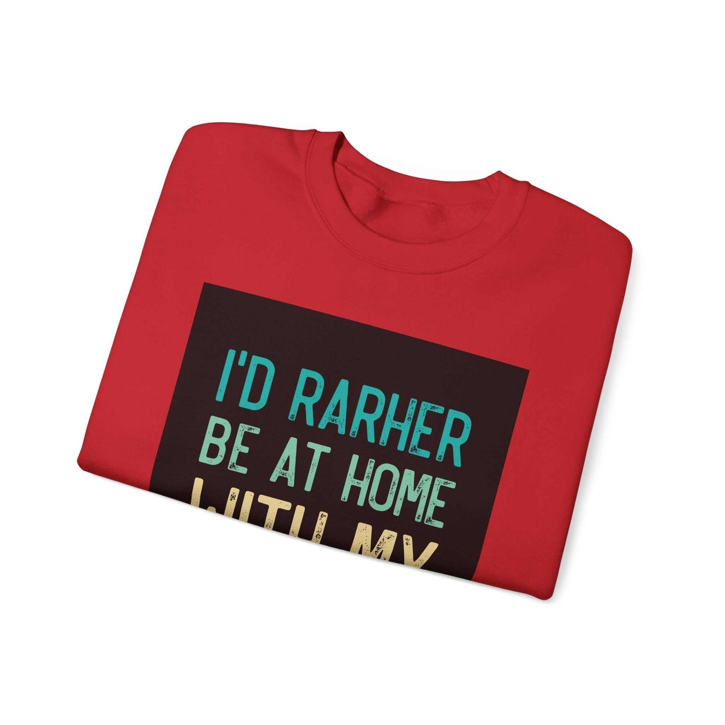 Red unisex heavy blend crewneck sweatshirt with graphic text design.