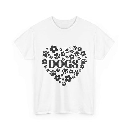 Unisex heavy cotton tee with "Dogs" heart floral design, classic fit, crew neck, and ethically made from 100% US cotton.