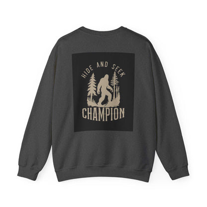 Unisex Heavy Blend™ Crewneck Sweatshirt with "Hide and Seek Champion" design on back.