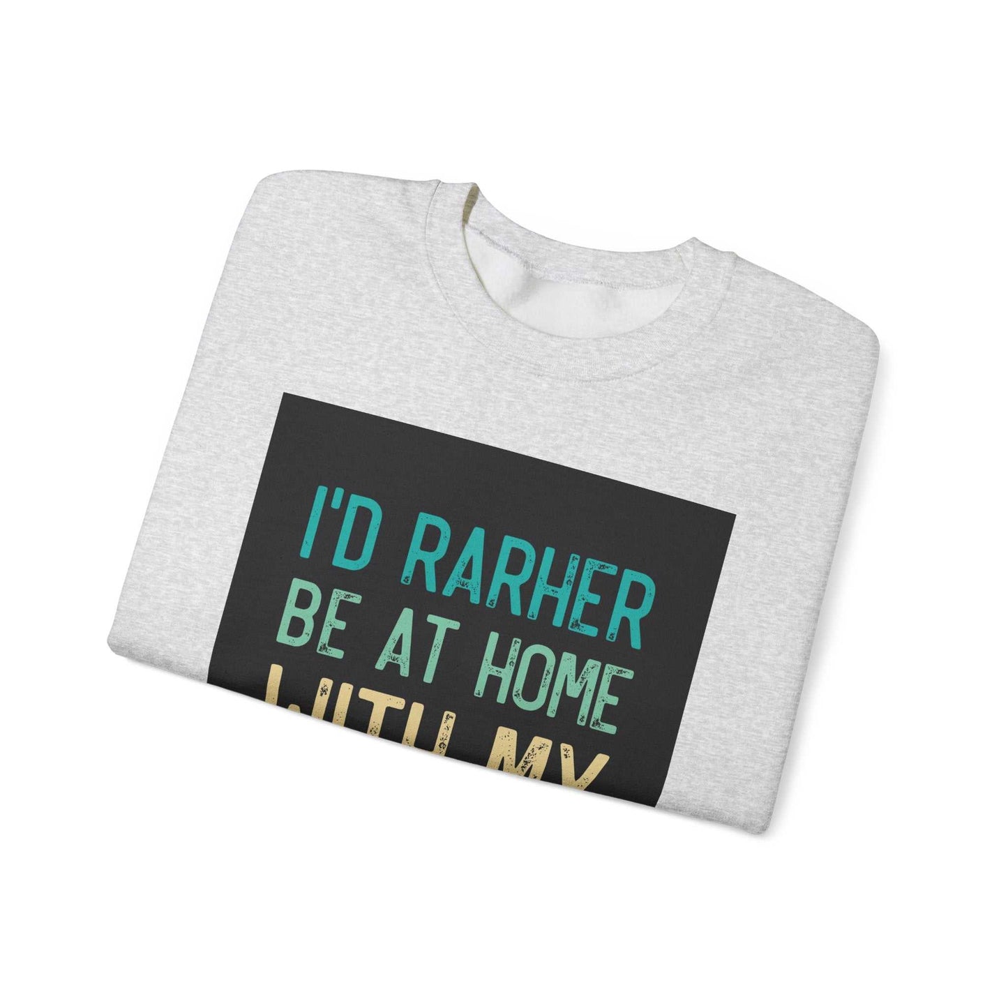 Unisex Heavy Blend™ Crewneck Sweatshirt with printed text, folded display.