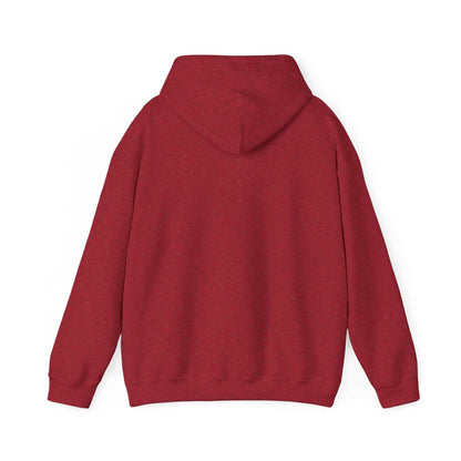 Unisex heavy blend hooded sweatshirt in red, showcasing the back design with a drawstring hood.