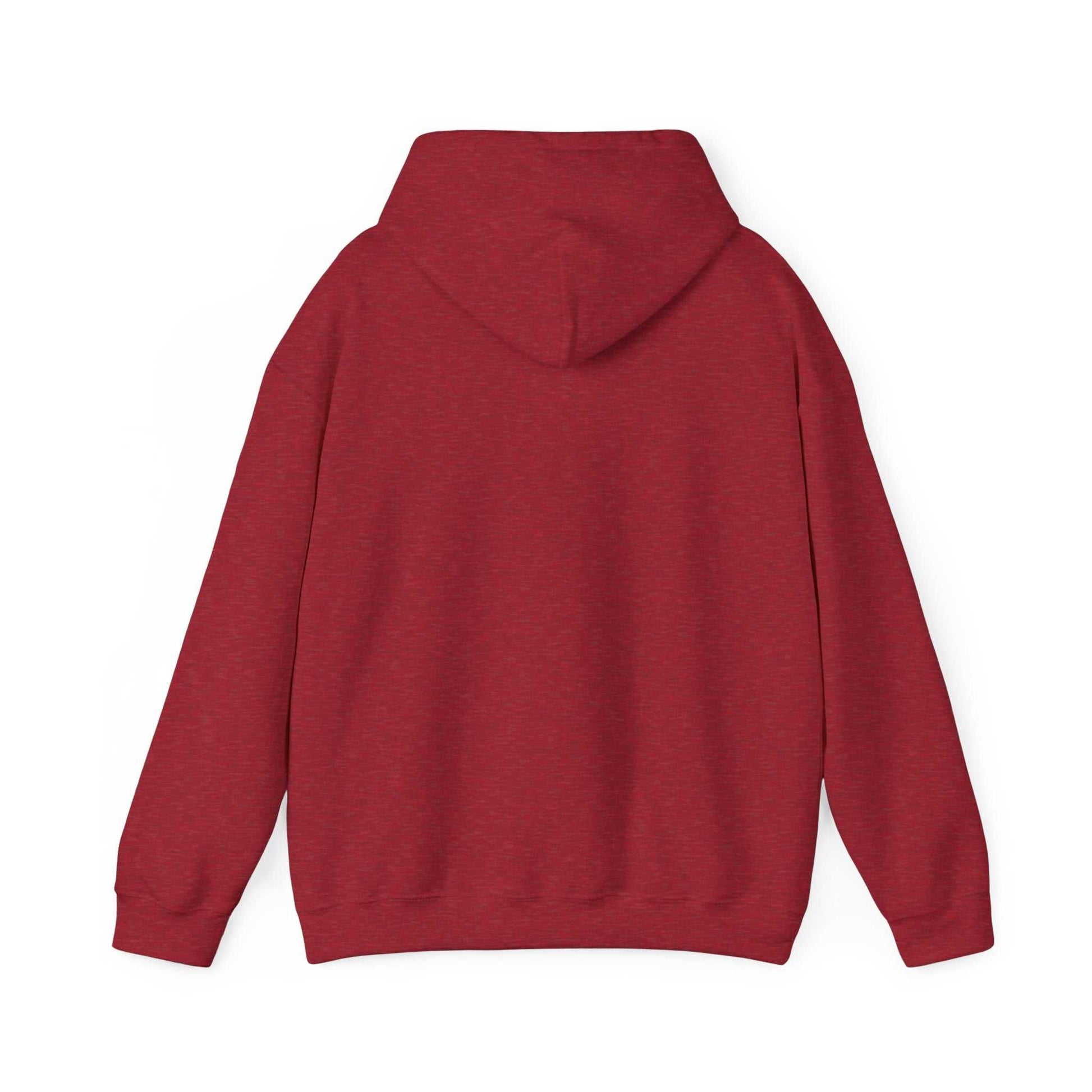 Unisex heavy blend hooded sweatshirt in red, showcasing the back design with a drawstring hood.