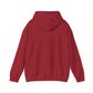 Unisex heavy blend hooded sweatshirt in red, showcasing the back design with a drawstring hood.