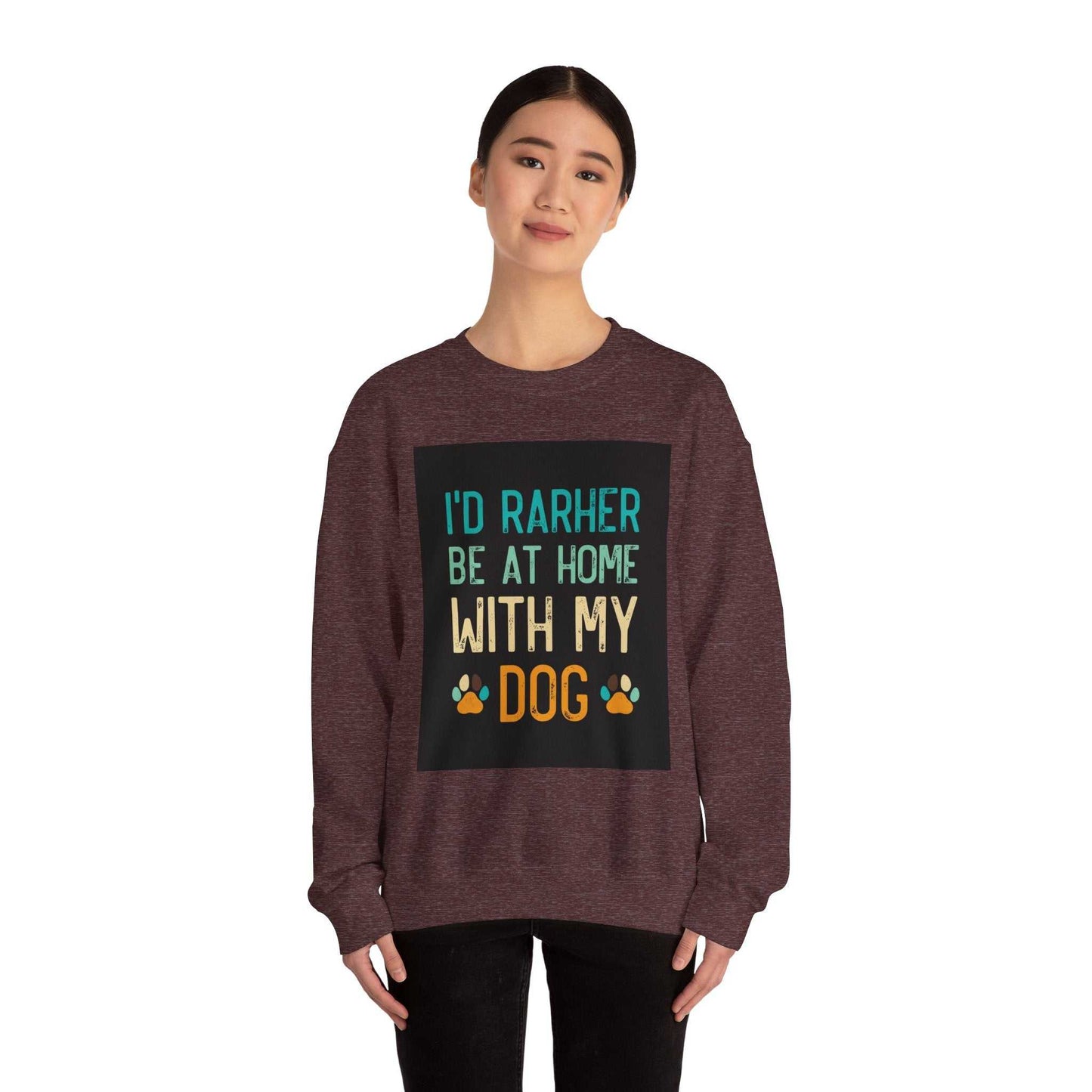 Unisex Heavy Blend™ Crewneck Sweatshirt with "I'd Rather Be At Home With My Dog" graphic, cozy and durable fabric blend.