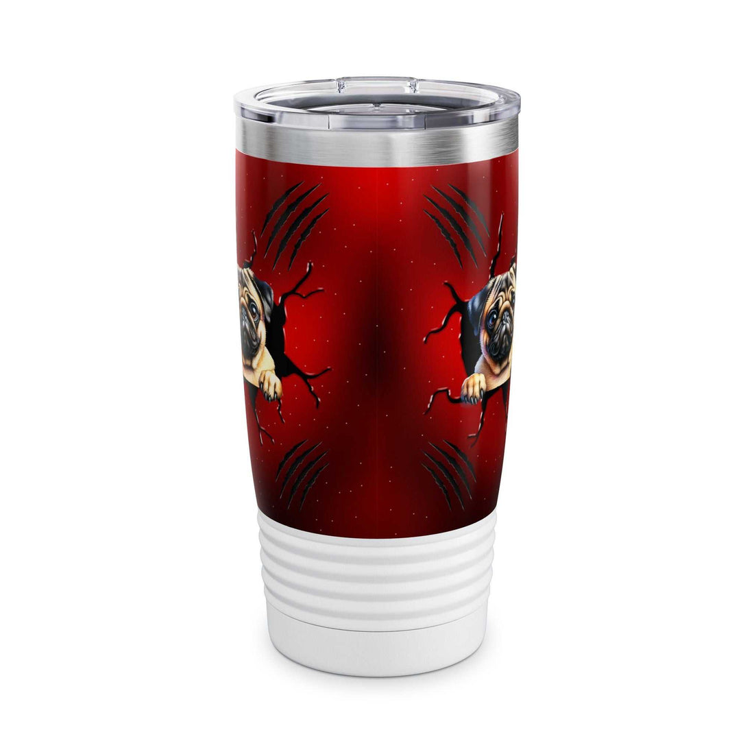 Ringneck tumbler 20 oz with glossy print, double-wall stainless steel, clear lid, and ribbed bottom for grip.