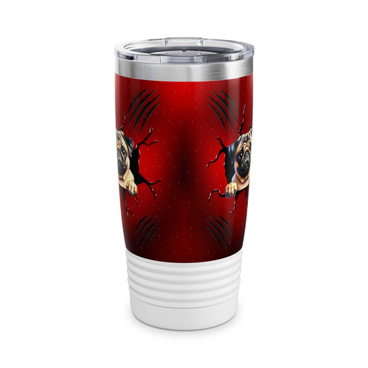 Ringneck tumbler 20 oz with glossy print, double-wall stainless steel, clear lid, and ribbed bottom for grip.