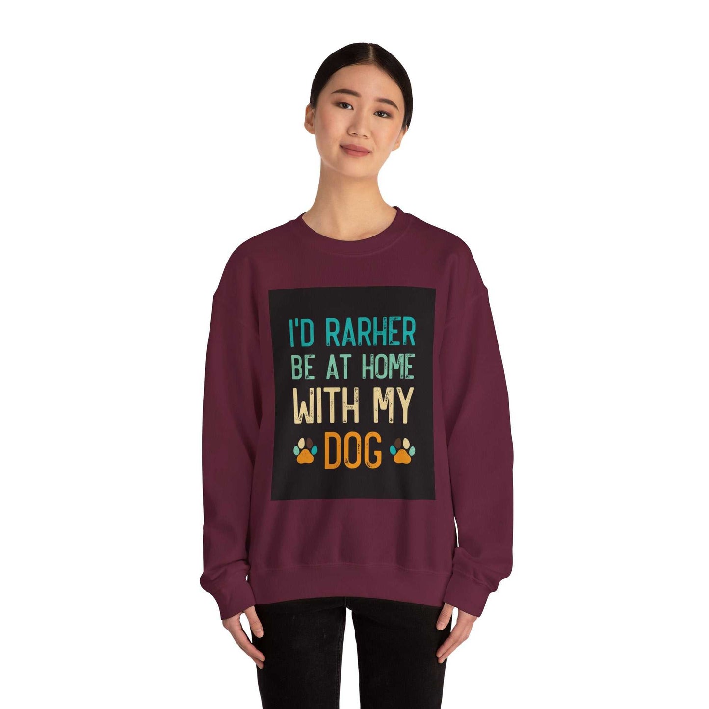 Unisex Heavy Blend™ Crewneck Sweatshirt featuring "I'd rather be at home with my dog" text design.