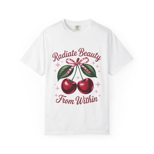 Radiate Beauty Cherry T-Shirt | Unisex Tee, Gift for Her, Positive Affirmation, Summer Fashion, Cute Graphic Tee