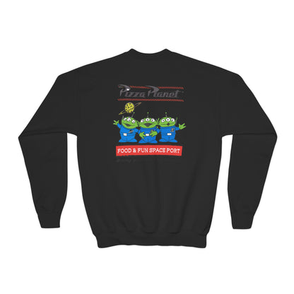 Pizza Planet Youth Crewneck Sweatshirt | Fun & Playful Gift for Kids, Space Theme Apparel, Ideal for Birthdays, Halloween, Everyday Wear