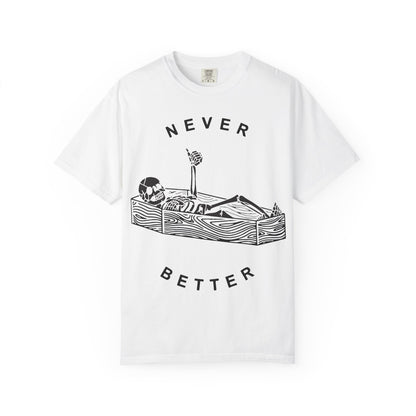 Halloween t-shirts never better skeleton giving a thumbs up in a casket