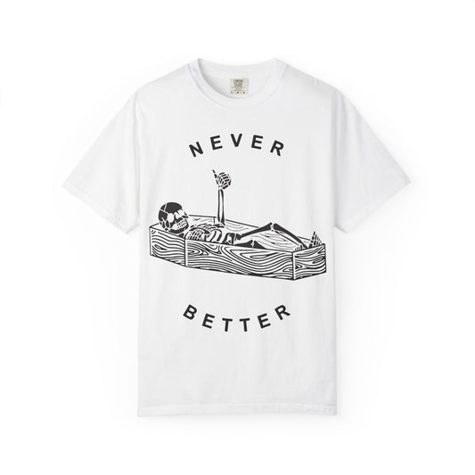 Halloween t-shirts never better skeleton giving a thumbs up in a casket