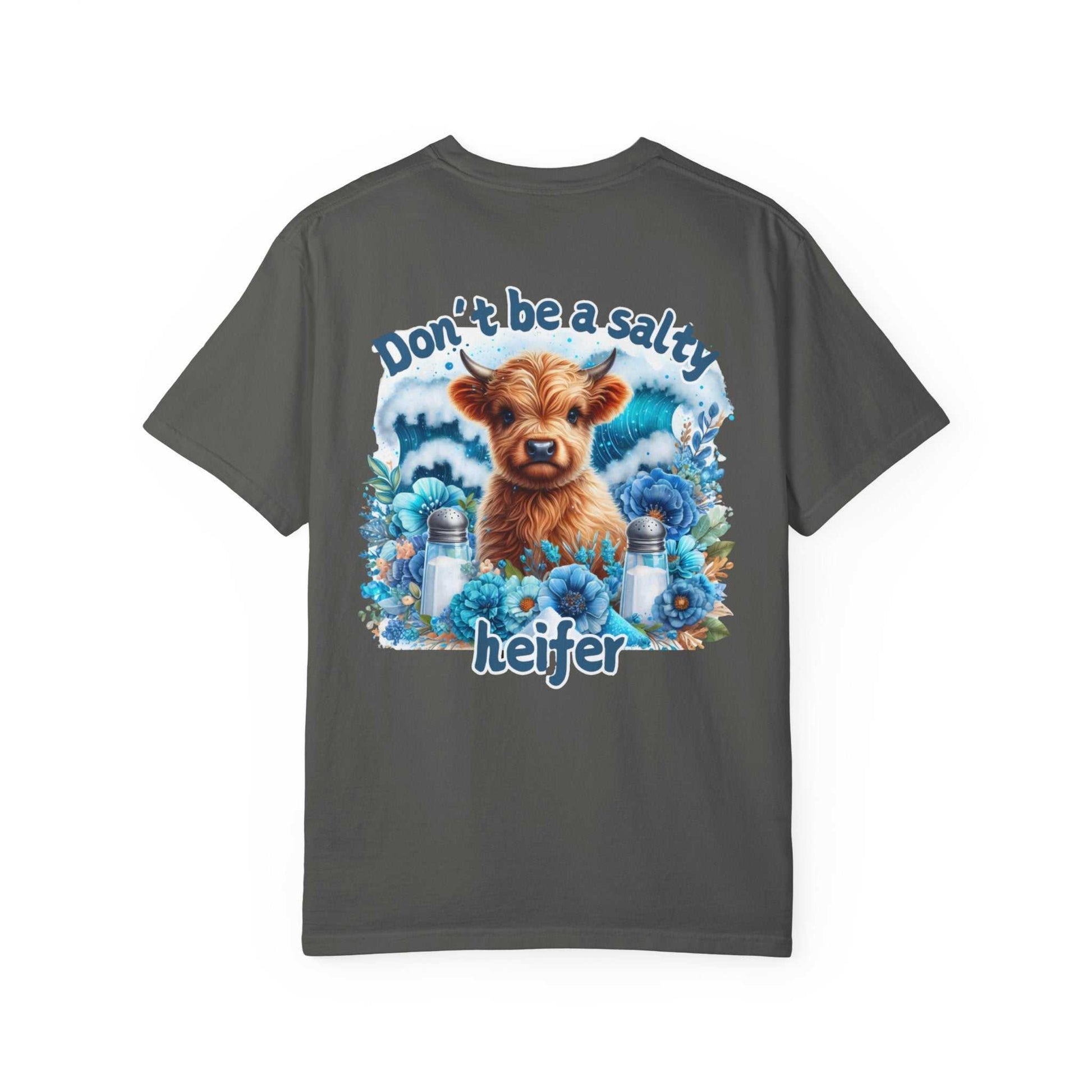 Unisex garment-dyed t-shirt with colorful cow print design, featuring relaxed fit and soft-washed fabric from Comfort Colors 1717 collection.