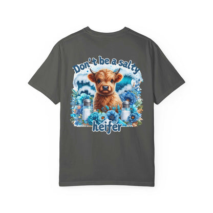 Unisex garment-dyed t-shirt with colorful cow print design, featuring relaxed fit and soft-washed fabric from Comfort Colors 1717 collection.
