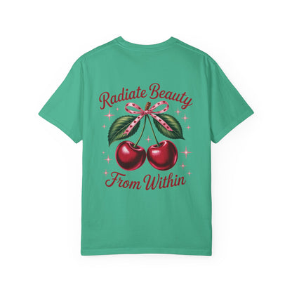 Radiate Beauty Cherry T-Shirt | Unisex Tee, Gift for Her, Positive Affirmation, Summer Fashion, Cute Graphic Tee