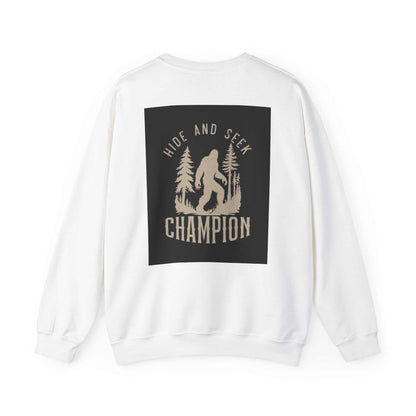 Unisex Heavy Blend™ Crewneck Sweatshirt with "Hide and Seek Champion" graphic on back, made of soft cotton-polyester blend, ideal for cold months.