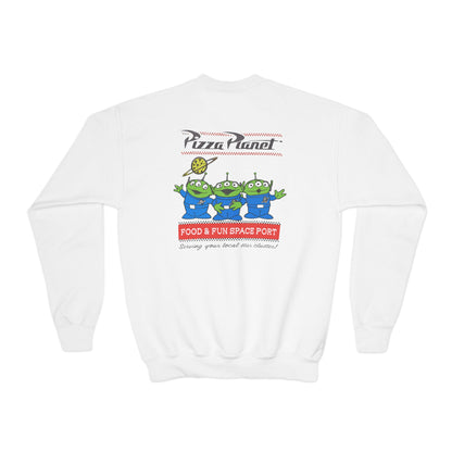 Pizza Planet Youth Crewneck Sweatshirt | Fun & Playful Gift for Kids, Space Theme Apparel, Ideal for Birthdays, Halloween, Everyday Wear