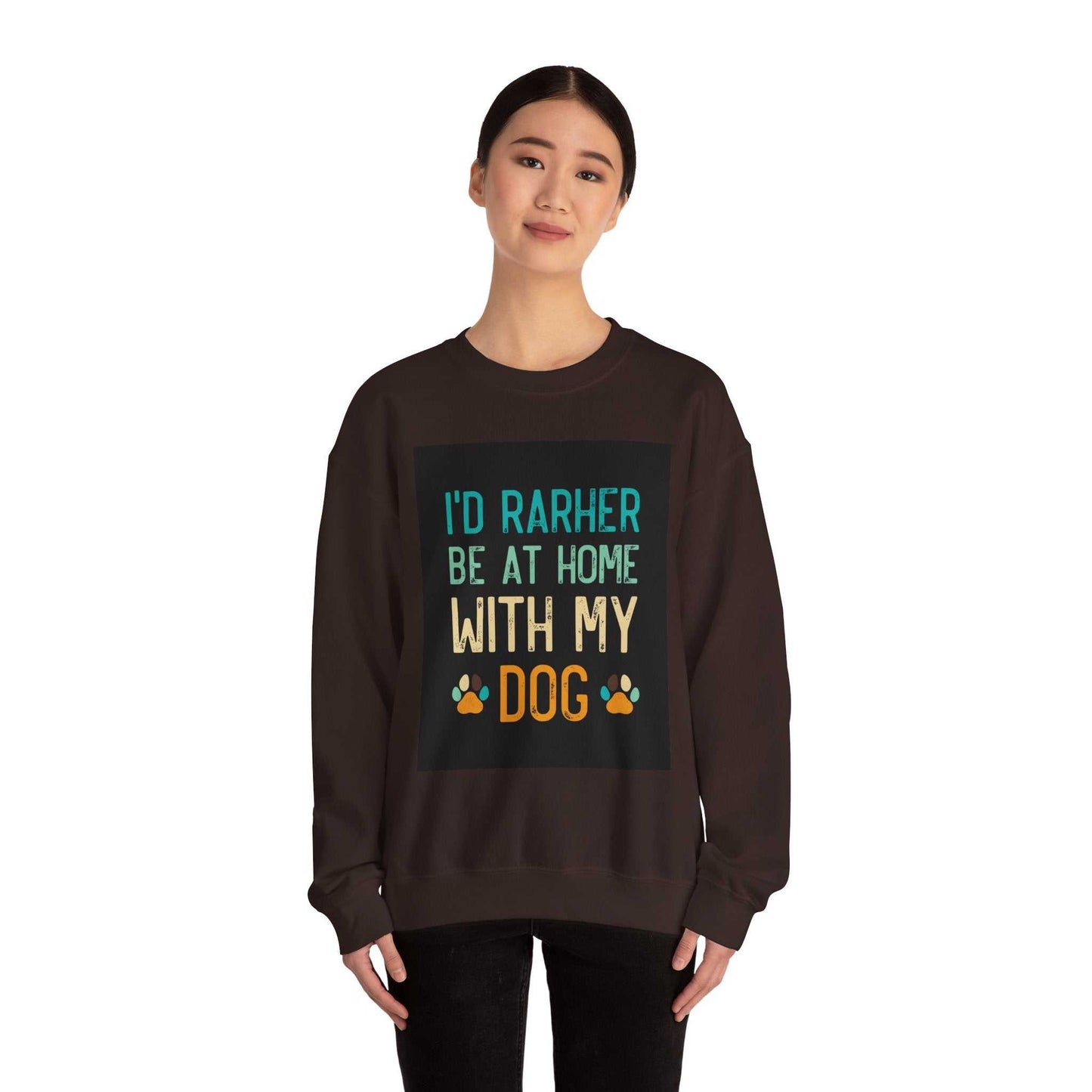 Unisex heavy blend crewneck sweatshirt with "I'd rather be at home with my dog" design.