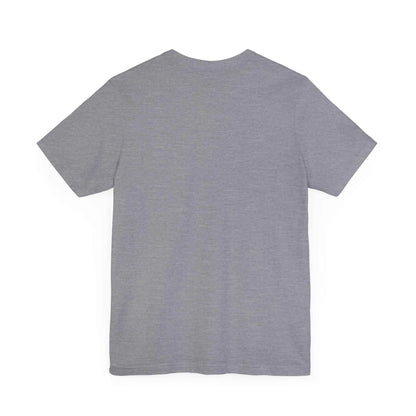 Unisex jersey short sleeve tee in gray with ribbed knit collar and tapered shoulders.