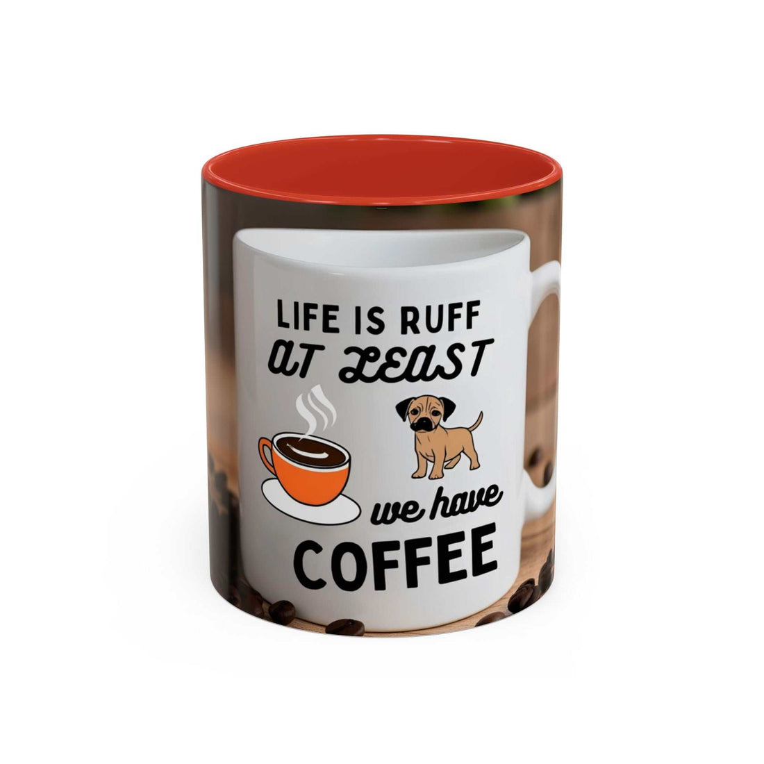 Life is Ruff Coffee Mug with cute dog design, ceramic mug with colored interior, perfect for pet and coffee lovers.