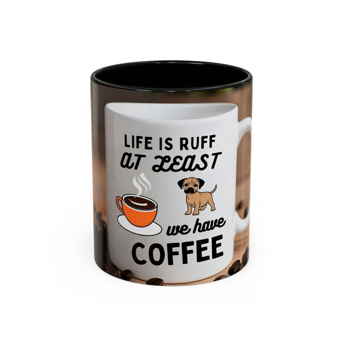Life is Ruff Coffee Mug with cute dog design, ceramic mug with colored interior, perfect for pet and coffee lovers.