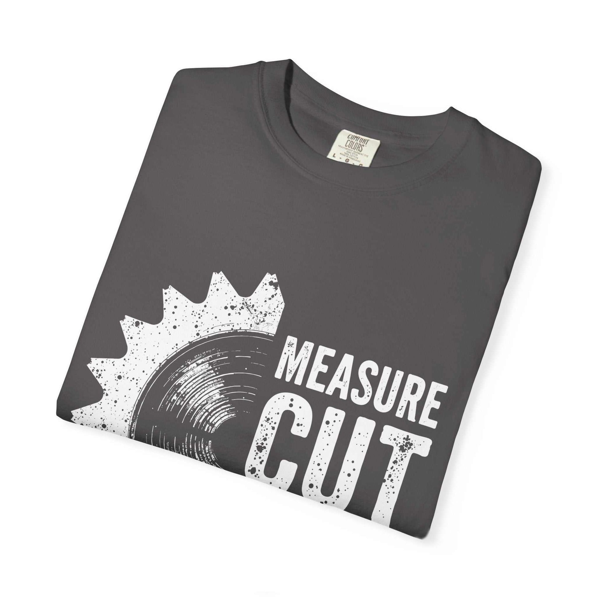 Comfort Colors 1717 unisex garment-dyed t-shirt in charcoal gray with "Measure Cut" graphic design, made of 100% ring-spun cotton.