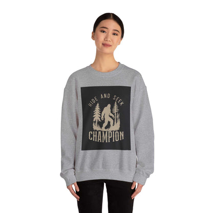 Unisex Heavy Blend™ Crewneck Sweatshirt, grey, with "Hide and Seek Champion" graphic design.