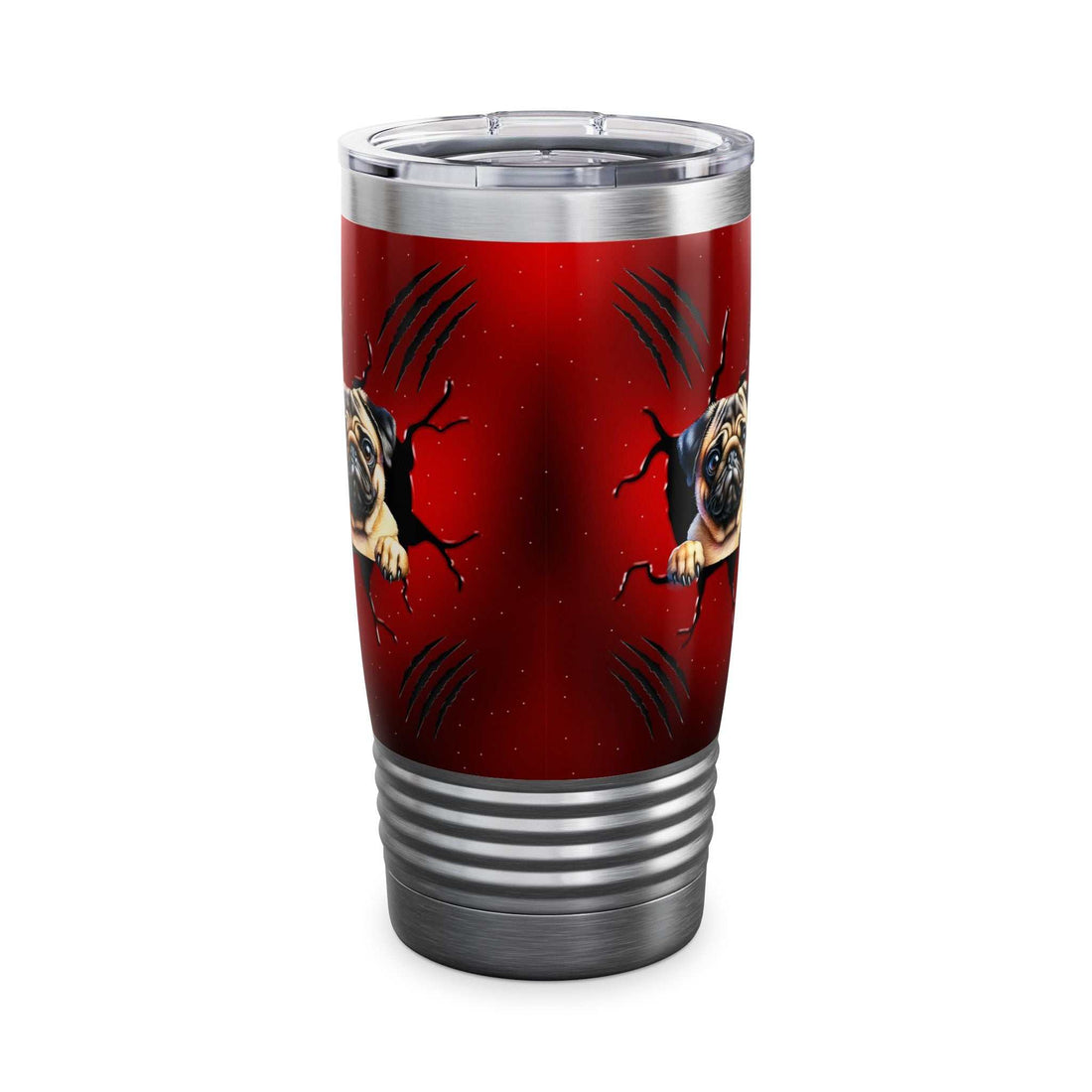 Ringneck tumbler 20 oz with glossy print, double-wall stainless steel, clear lid, and ribbed bottom for grip.
