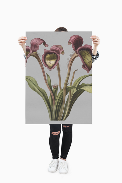 Framed vertical poster with botanical design, featuring black, white, or walnut frame and protective acrylic cover.