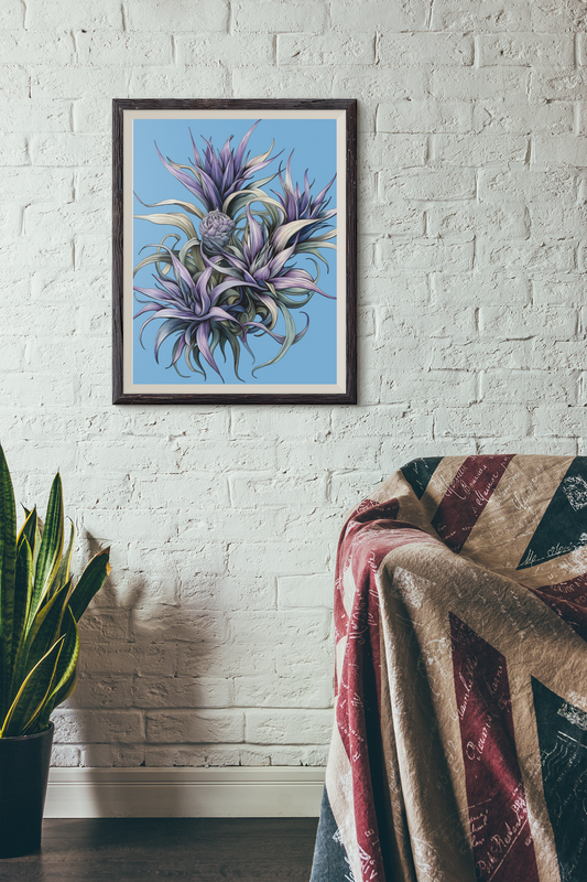 Fine art poster with botanical illustration on gallery-grade paper in a stylish living room.