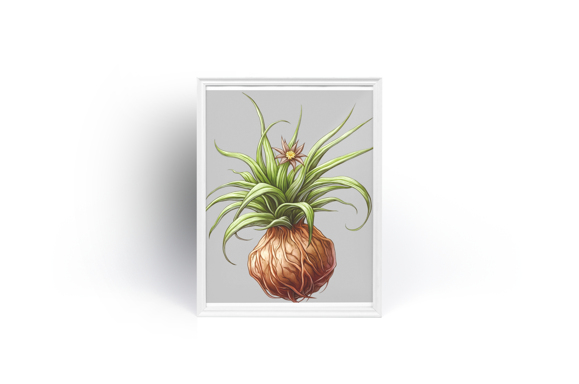 Framed vertical poster with plant illustration in white frame, museum-quality matte paper.
